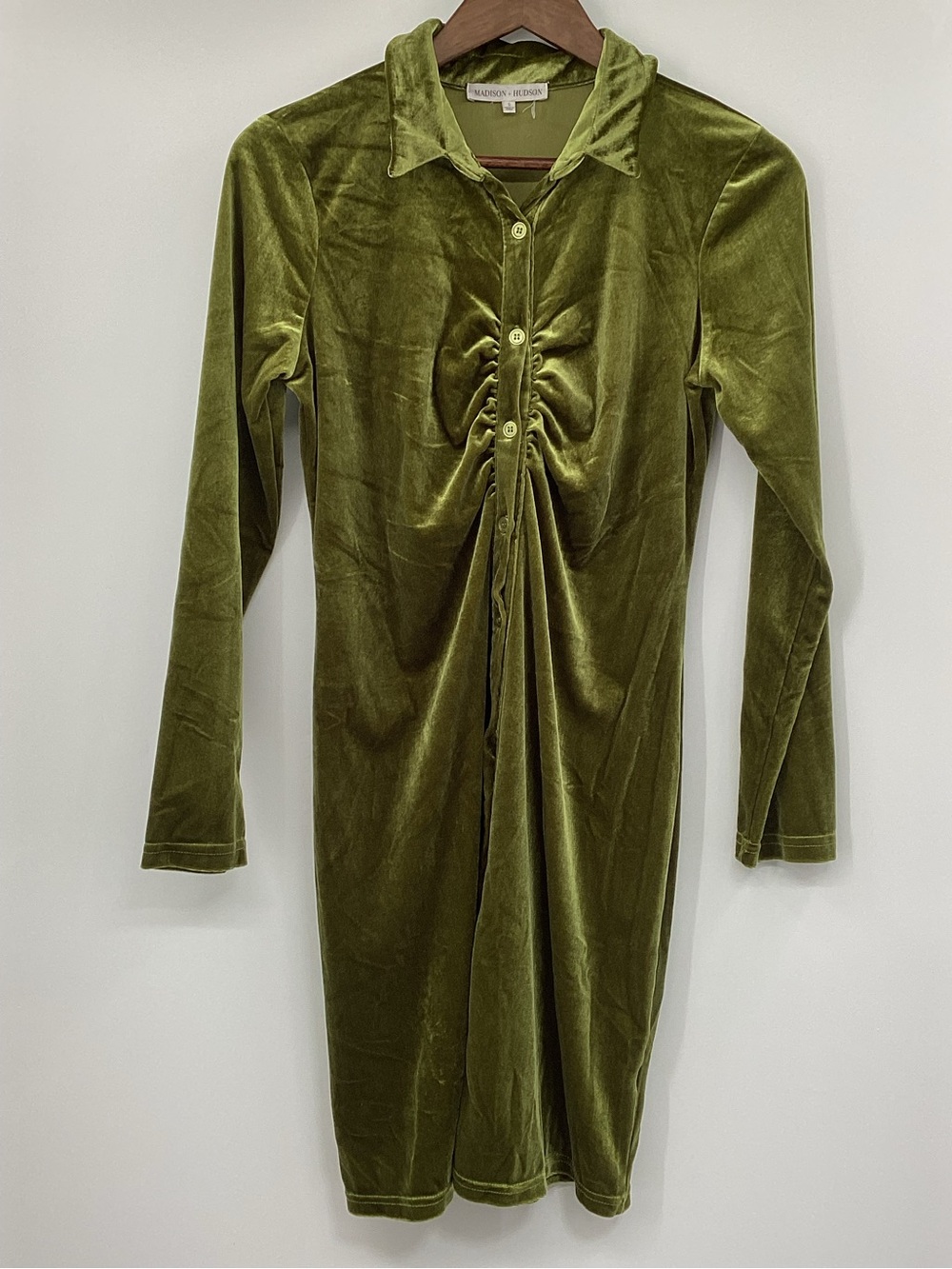 Olive Green Velvet Ruched Button-Front Dress